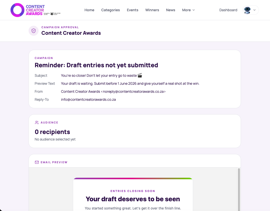 Campaign approval page showing campaign subject, preview text, sender and approval status.