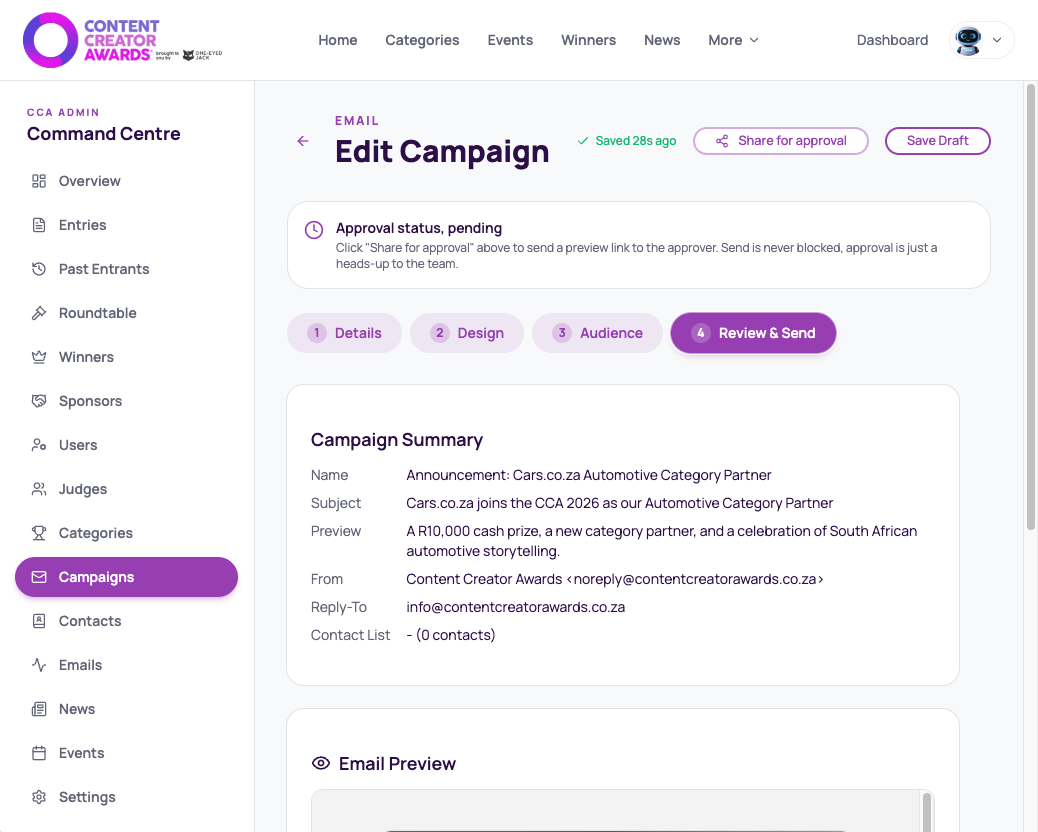 Edit campaign review and send screen with approval pending, share for approval and save draft buttons.