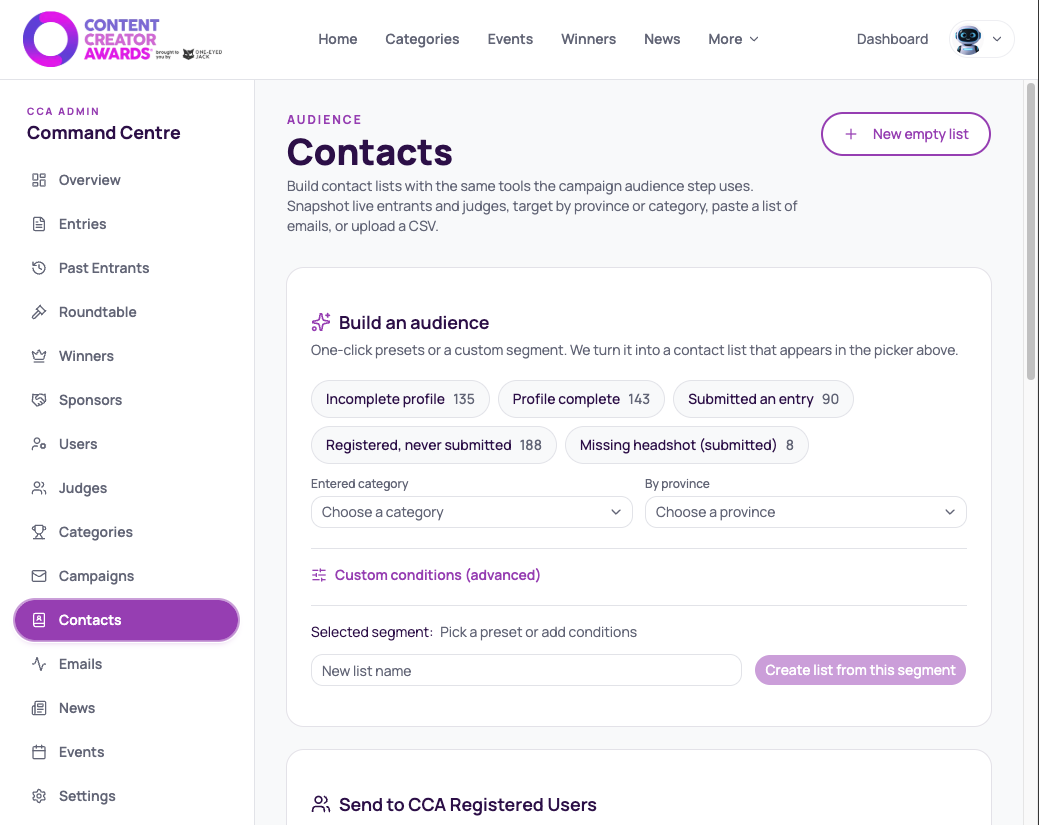 Contacts page showing audience presets and custom segment controls.