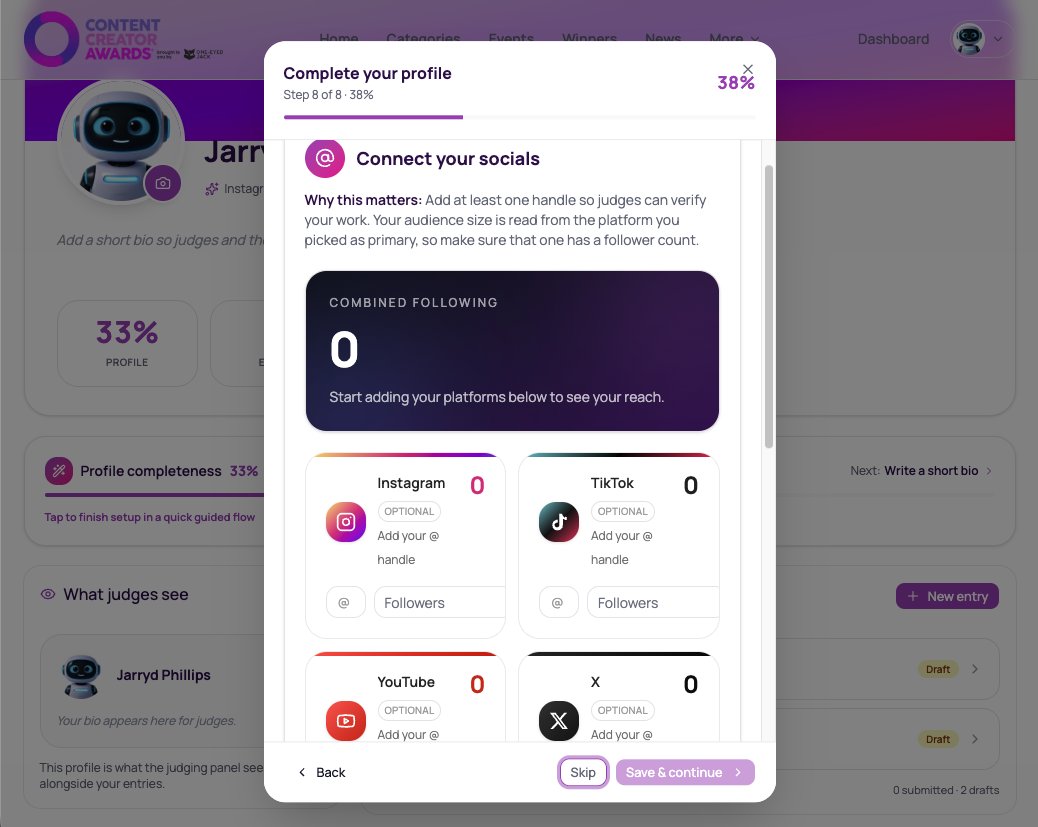 Profile completion wizard showing social platform connection step.