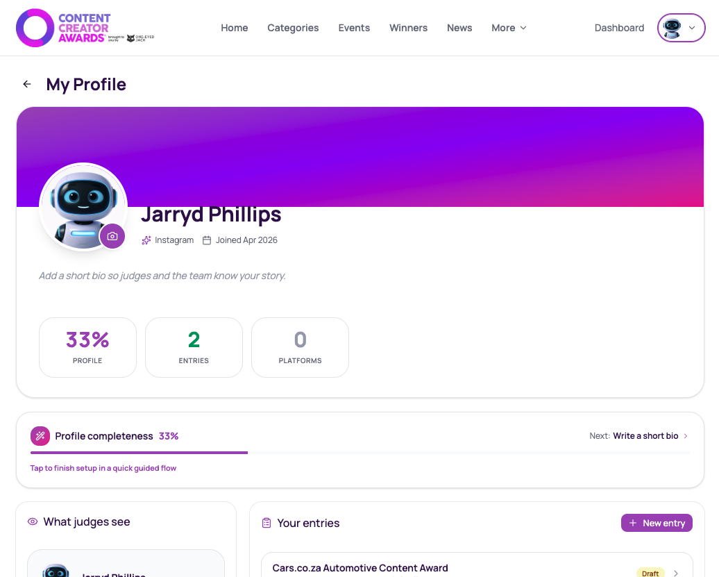 Entrant profile page showing profile completeness, entries and platform count.