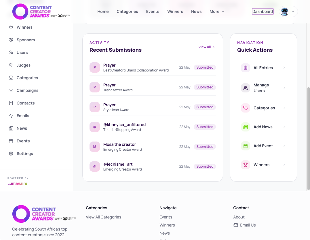Recent submissions and quick actions panel on the admin dashboard.