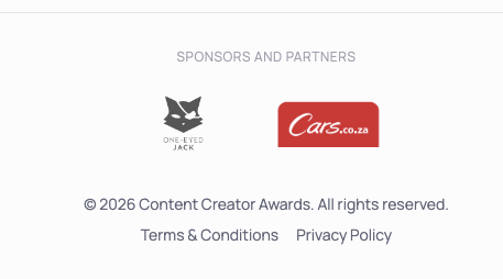 Sponsors and Partners strip showing One-eyed Jack and Cars.co.za logos in the Content Creator Awards footer.